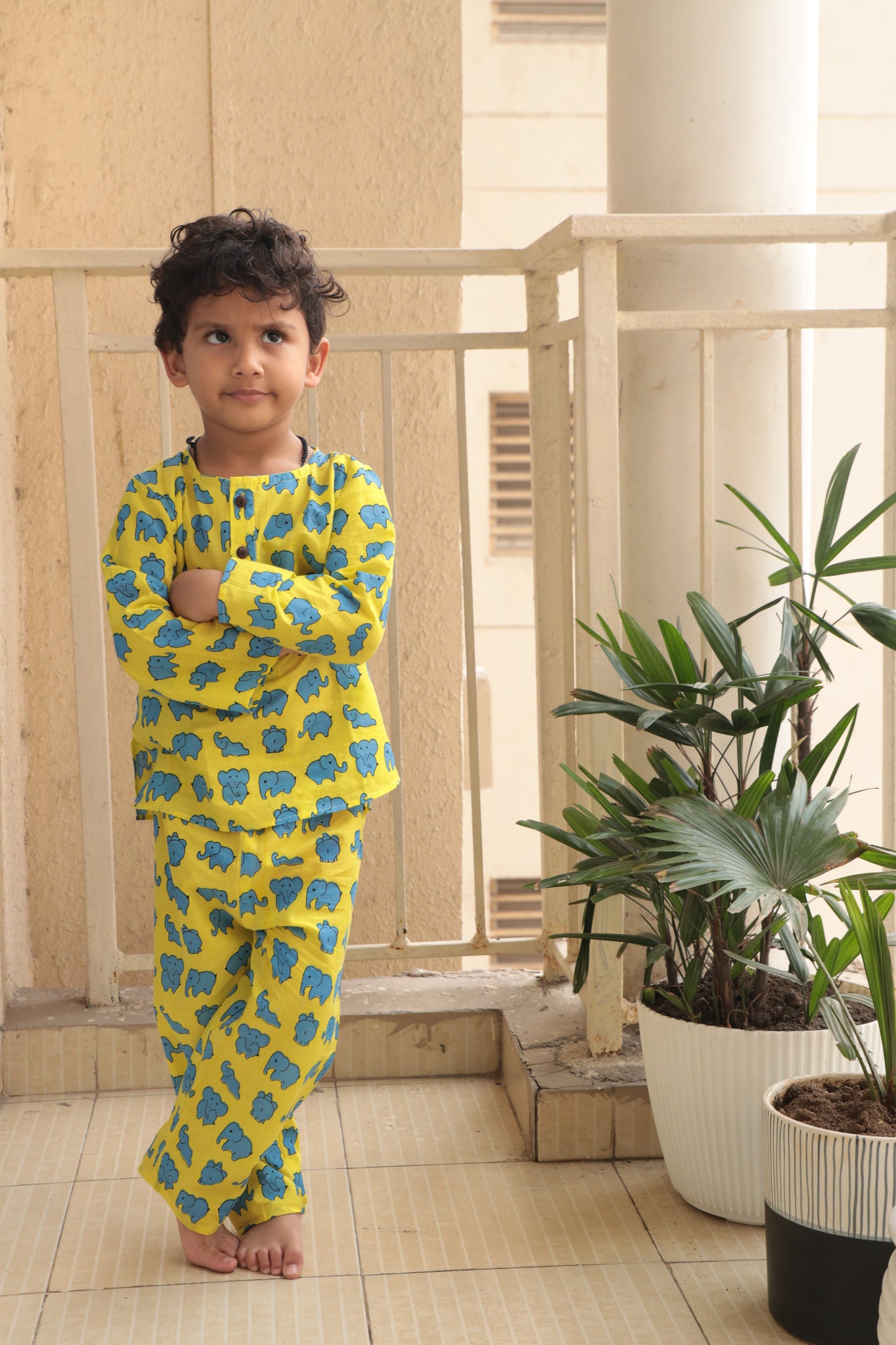 Dreamy Elephants Sleepwear - Kids pure cotton elephant printed night suit - Yellow