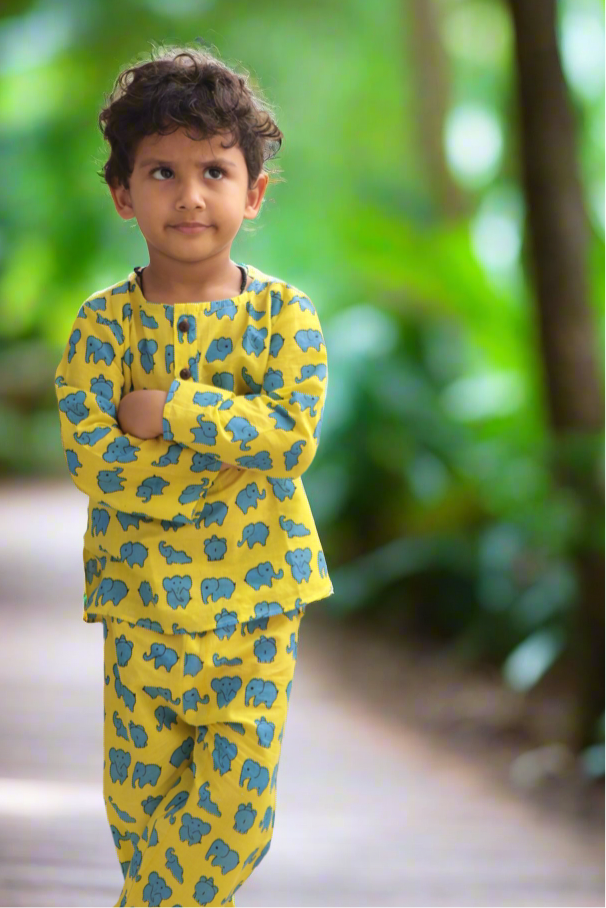 Dreamy Elephants Sleepwear - Kids pure cotton elephant printed night suit - Yellow