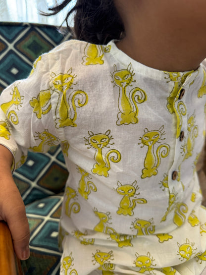 Meow & Snooze - Kids pure cotton cat printed night suit