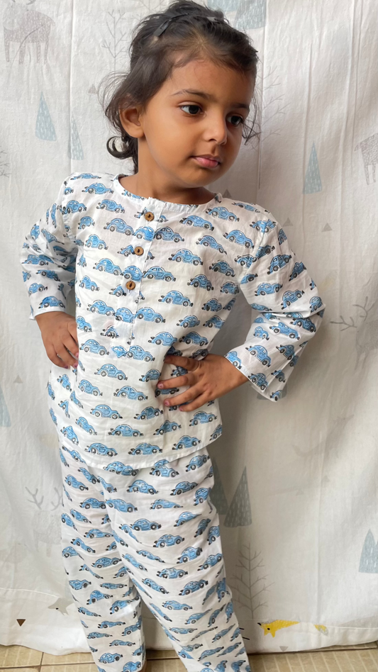 Blue Racer - Kids pure cotton car printed night suit