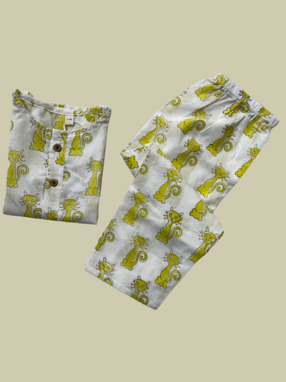 Meow & Snooze - Kids pure cotton cat printed night suit