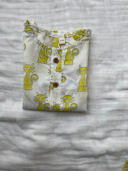 Meow & Snooze - Kids pure cotton cat printed night suit